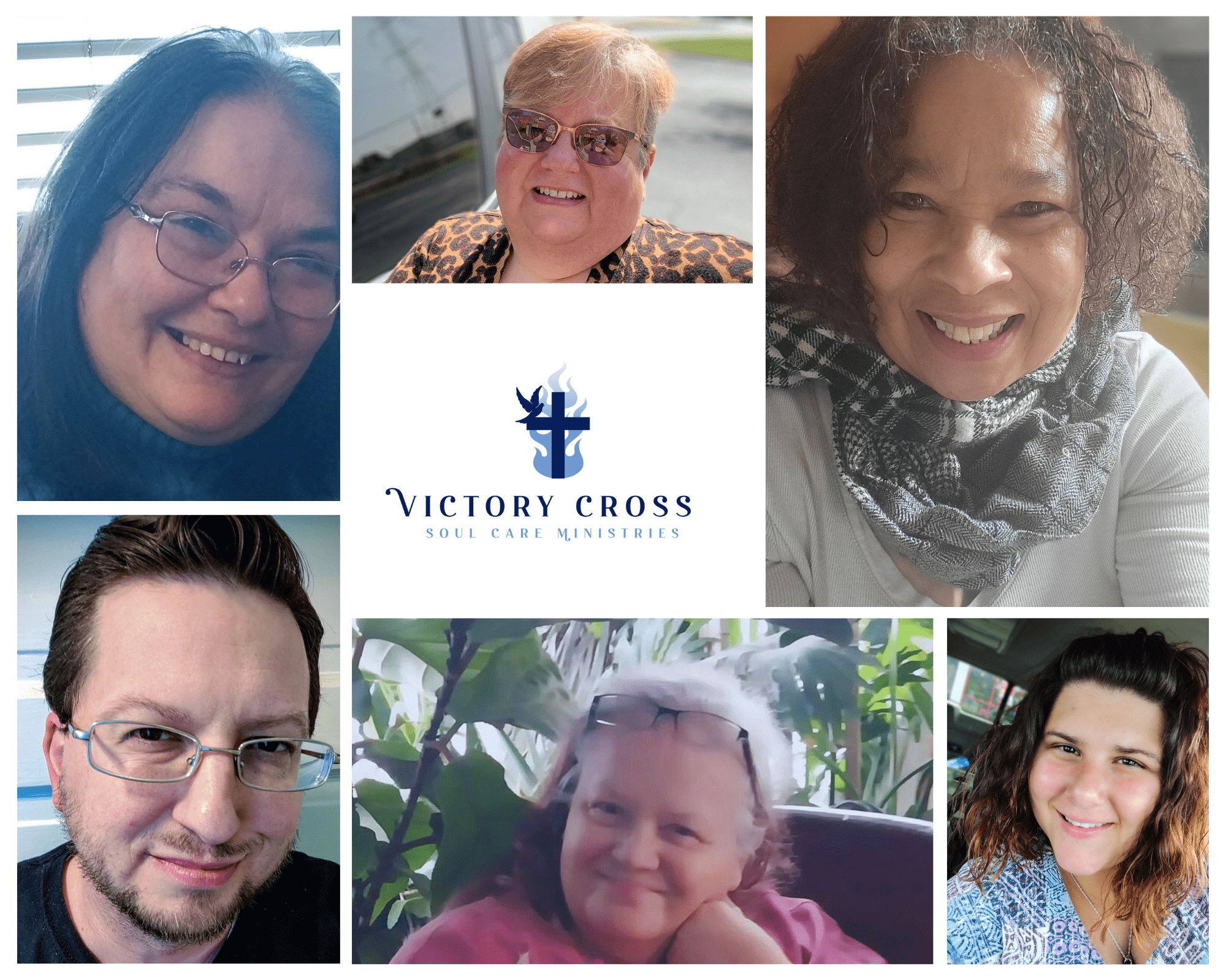 A collage of women with victory cross logo.